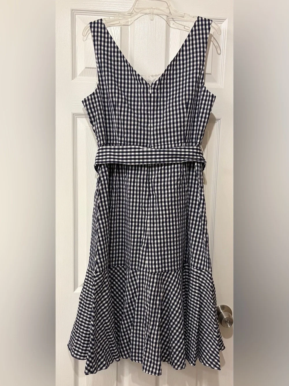 J. Crew JCrew Sleeveless Navy and White Gingham Tie-Waist Ruffle Hem Dress Sz 14